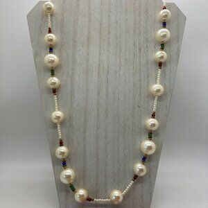Vintage Simulated Pearl 40" Necklace Gold Red Blue White Spacer Beads